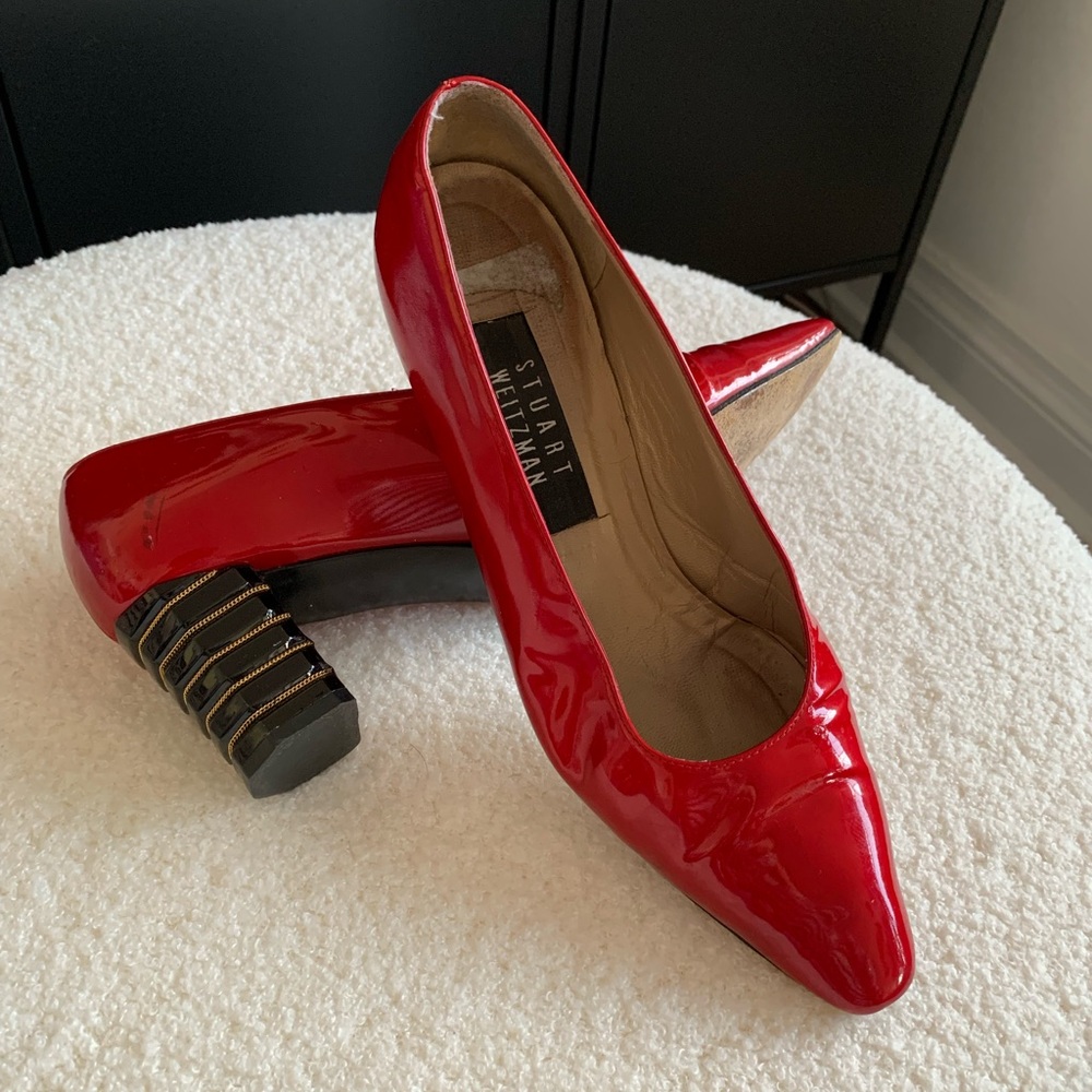 RARE VINTAGE Stuart Weitzman Red Patent Leather Pumps with Decorative Heels